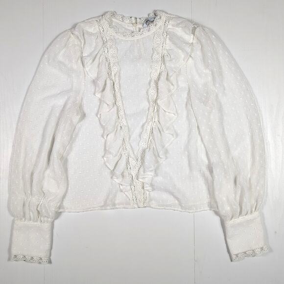 Zara Women’s M White Sheer Polka Dot Lace Ruffle Long Sleeve Blouse Boho Cottage - Picture 4 of 11